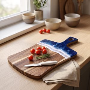 Planche à découper en bois d'acacia écologique, rectangulaire, avec poignée, design vague bleue, antidérapante, passe au lave-vaisselle, pour la cuisine et le service - Product Image 1