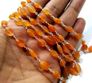 Natural Carnelian Oval Mani Shape Briolette Faceted 6X9mm Size Beaded Wire Wrapped <b>Rosary</b> Chain Wholesale Price Sold per Foot - Product Image 2