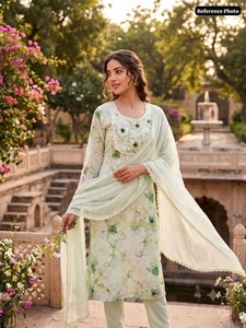 <b>Women</b> Light Green Floral Printed Kurti Pant Dupatta <b>Set</b> For Traditional Indian Pakistani Casual Wear Spring Cotton - Product Image 2
