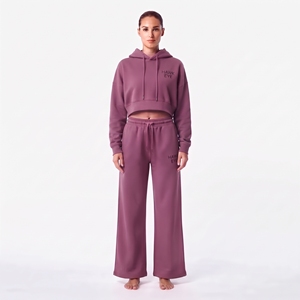 Conjunto Deportivo Informal para Mujer, Top Corto con Capucha, Manga Larga, Hombros Caídos y Pantalones Anchos, Transpirable y Ecológico - Product Image 5