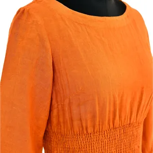Women Rust Orange Cotton Linen Midi <b>Dress</b> Round Neck 3/4 Puff Sleeve Smocked Waist A Line Casual <b>Boho</b> <b>Dress</b> - Product Image 2