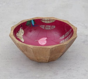 Bol en bois artisanal de qualité supérieure avec intérieur émaillé et motif feuille pour servir les aliments, style bohème - Product Image 5
