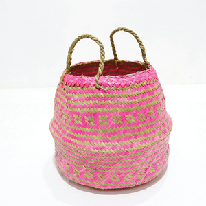 New Design Durable Circle Palm Leaf Belly <b>Basket</b> Pink Woven Eco-Friendly Storage Bin <b>Foldable</b> Plant Pot with Handle - Product Image 5