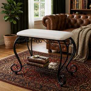 Banc de salle de bain vintage en métal noir avec assise rembourrée blanche, tabouret à chaussures pour entrée - Product Image 3