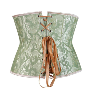 Corset bustier en satin brocart vert pour femme avec fermeture à agrafes, gaine amincissante à maintien ferme pour la taille - Product Image 6