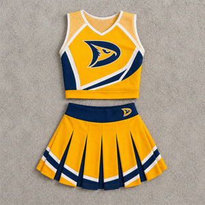 Uniforme de Animadora Personalizado al por Mayor, Conjunto de Ropa Deportiva en Amarillo Azafrán y Azul Petrol, Ropa de Equipo - Product Image 1