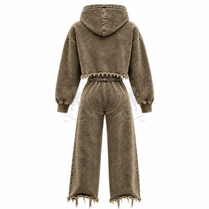 Men <b>Brown</b> Tracksuit Set 100% Cotton Full Length Zipper 450 Gsm Cropped Zipper Wide Leg <b>Joggers</b> Frayed Hem Casual Wear - Product Image 2