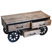 Table basse moderne en bois de manguier massif avec 4 roulettes en fonte et 3 tiroirs de rangement, finition noire et naturelle, style industriel métal et bois