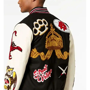 เสื้อแจ็คเก็ตเบสบอลคู่รักสีดำปักโลโก้หนังแบบกำหนดเอง เสื้อแจ็คเก็ต Letterman สีฟ้าอ่อนสำหรับผู้ชาย - Product Image 5