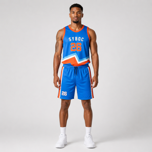 Custom Sublimation Royal Blue Orange Retro Chevron Basketball Uniform Set V-Neck Sleeveless Jersey <b>Shorts</b> Quick Dry - Product Image 1
