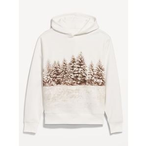 Unisex <b>White</b> Hooded <b>Sweatshirt</b> With Snowy Forest Print Regular Fit Cotton French Terry Winter Casual Wear - Product Image 1