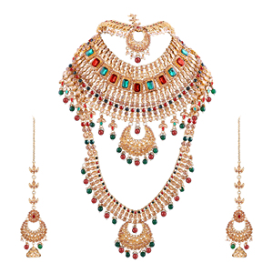 Conjunto de Collar y Aretes Kundan Chapados en Oro Étnico Indio con Cristales Rojos y Verdes, Joyería para Bodas y Fiestas, Conjunto de Joyería de Moda para Mujer - Product Image 1