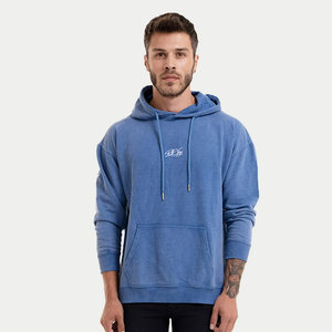 Sweat-shirt à capuche bleu pour homme, coupe classique, couleur unie, avec poche avant, en coton French Terry, décontracté, effet délavé - Product Image 1