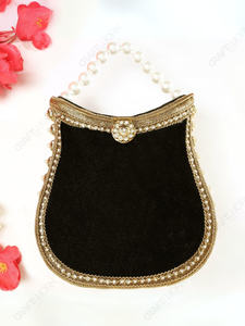 Pochette de soirée structurée en velours noir indien fait main avec poignée perlée et bordure dorée pour la vente en gros et l'approvisionnement OEM - Product Image 2