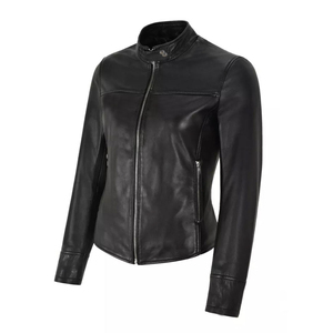 Women's Black Genuine <b>Leather</b> Moto <b>Jacket</b> Full Sleeve Stand Collar Zipper Closure Autumn Style - Product Image 4