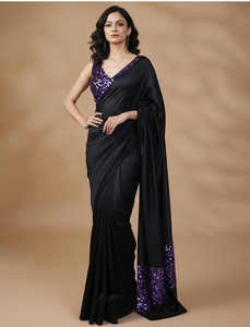 Sari KV para Mujer, Negro, de Seda Satinada, Moderno, con Adornos, Sin Arrugas, para Fiestas y Eventos - Product Image 6