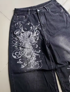 Jean décontracté noir délavé à grandes imprimées style Harajuku pour homme, coupe droite taille haute, jambe large, style Y2K Dark Rock Hip Hop Joker - Product Image 4