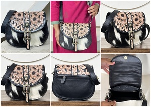 Sacs bandoulière en cuir de vachette véritable 2026, style vintage, ornés de motifs floraux, sacs à main occidentaux pour femmes - Product Image 3