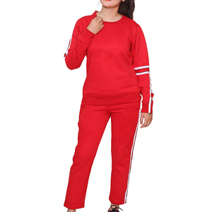 Ensemble de survêtement rouge pour femme, manches longues, col rond, couleur unie, décontracté, pour l'automne, pantalon en coton respirant avec poches latérales - Product Image 3