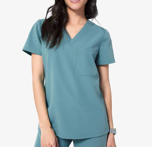 Blouse d'uniforme médical pour femme, vert sarcelle, col en V, manches courtes, en coton et polyester tissé - Product Image 4