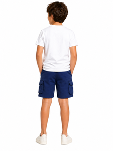 Pantalones cortos tipo cargo azul marino para niños, pantalones cortos informales de verano con cordón en la cintura elástica, pantalones cortos utilitarios con múltiples bolsillos, ropa cómoda para el día a día - Product Image 3