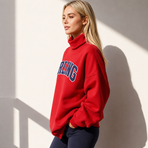 Sweat-shirt rouge à col roulé pour femme, coupe oversize, imprimé lettres, 100 % coton, tenue décontractée d'automne, sweat-shirt à col montant - Product Image 3