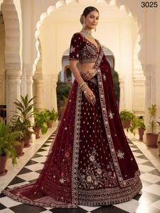 Velvet Embroidered Bridesmaid <b>Lehenga</b> Set Maroon Dupatta Floor-Length A-Line V-Neck Sleeveless Wedding Party Ethnic Dress - Product Image 4