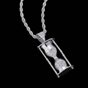 Collar con colgante de reloj de arena estilo Hip Hop, con circonitas cúbicas incrustadas, cadena de latón y cuerda plateada, para hombre y mujer, joyería para fiestas - Product Image 1
