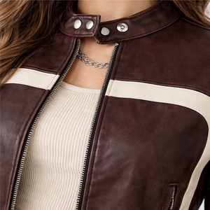 Chaqueta Corta de Cuero Marrón para Mujer con Diseño de Rayas Blancas, Abrigo Casual de PU Suave, Estilo Biker, Ajuste Delgado, Cierre de Cremallera - Product Image 6