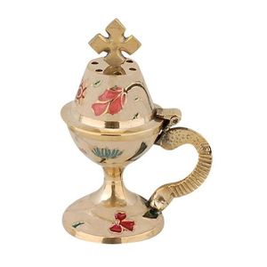 Brûle-encens en laiton finition nacre avec croix sur le dessus et poignée, facilement transportable, couleur or, articles religieux en cadeau - Product Image 5