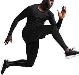 Ensemble de vêtements de sport pour homme, veste à capuche compressive, t-shirt à manches longues, short, pantalon, séchage rapide, coupe ajustée, noir - Product Image 5