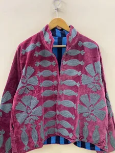Unisex Vintage Style Handcrafted Velvet Cotton Jacket Mandarin Collar Front Open Autumn Winter <b>Coat</b> Floral Embroidery <b>Maroon</b> - Product Image 2