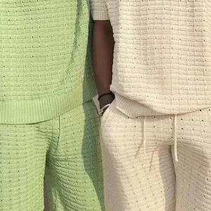 High Quality Men Causal Sporty Ribbed <b>Knit</b> Short <b>Set</b> 280GSM Cotton Blend Soft Stretch Fabric Summer Outfit OEM Custom Supplier - Product Image 4