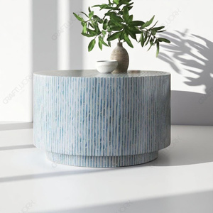 Mesa de Centro Redonda con Incrustaciones de Madreperla, Mesa de Centro de Madera con Rayas Azules y Blancas, Muebles de Sala de Estar de Lujo Hechos a Mano - Product Image 2
