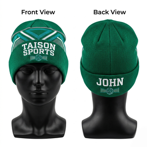 Bonnet de volley-ball en acrylique tricoté de qualité supérieure, 280 GSM, doux et chaud, vert olive, revers plié, multi-panneaux, logo brodé personnalisé, bonnet d'hiver - Product Image 3