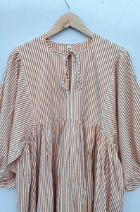 Women's <b>Loose</b> Fit Striped Print Midi <b>Dress</b> Tie Neck Puff Sleeve Casual Summer Woven Cotton Breathable <b>Dress</b> - Product Image 3