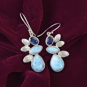 Flower Shape Drop <b>Earrings</b> With Sapphire And Larimar Gemstone In <b>Solid</b> 925 Sterling <b>Silver</b> Bezel Setting For Women Bohemia Style - Product Image 1