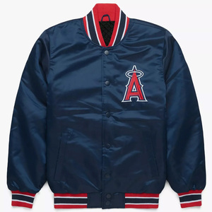 Custom Navy <b>Blue</b> Satin Varsity Jacket <b>Men</b> Athletic Logo Bomber Jacket Wholesale Letterman Baseball Uniform Sportswear - Product Image 1