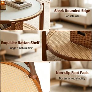 <b>Walnut</b> Boho 2-Tier <b>Coffee</b> <b>Table</b> PE Rattan Accent Side <b>Table</b> Tempered Glass Top Solid Acacia Wood Center Eco-Friendly Apartments - Product Image 4