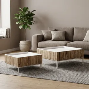 Modern Square Wood <b>Nesting</b> Coffee <b>Tables</b> Tray Top Minimalist Metal Frame Living Room - Product Image 2