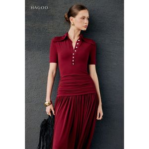 Vestido maxi formal de verano para mujer, cuello polo, manga corta, cintura fruncida, falda plisada, uso diario informal [V9076] - Product Image 2