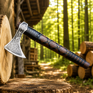 Hacha Vikinga Nórdica con Funda de Cuero – Hacha Forjada a Mano con Púas, Tipo Tomahawk, para Camping, Supervivencia, Corte de Leña, Regalo Único - Product Image 1