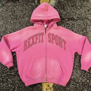 เสื้อฮู้ดซิป Rexfit Sports ทรงโอเวอร์ไซส์ ผ้าฝ้าย แต่งลายปักแบบดิสเทรส สไตล์สตรีทแวร์  แบบครอป ประดับคริสตัล สำหรับผู้ชาย - Product Image 1