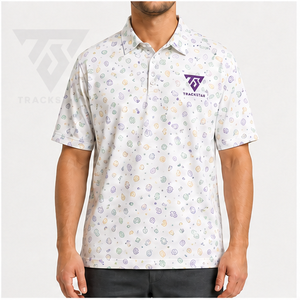 Camisa Polo Trackstar para Hombre, Blanca con Estampado Paisley Abstracto Multicolor, Manga Corta, Cuello con Botones, Camisa de Golf, Logotipo Personalizado - Product Image 1