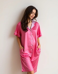 Women's Lavender Satin Pajama <b>Set</b> Short Sleeve Geometric Print Button Front Sleepwear Summer Elegant Style - Product Image 6
