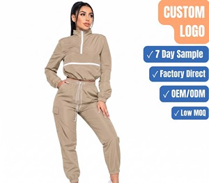 Ensemble de survêtement décontracté écologique pour femme avec veste courte à cordon de serrage et pantalon à taille élastique, couleur unie, tenue de sport assortie OEM - Product Image 1