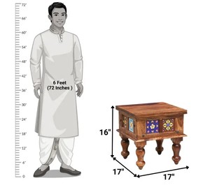 Solid Wood Bedside <b>Table</b> with Ceramic Tile Inlay | Traditional Rajasthani <b>Side</b> <b>Table</b> | Antique Style Accent <b>Table</b> - Product Image 3