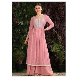 TENDANCE GEORGETTE SEQUENCE BRODERIE TRAVAIL TOP PALAZZO AVEC DUPATTA PEACH - Product Image 1