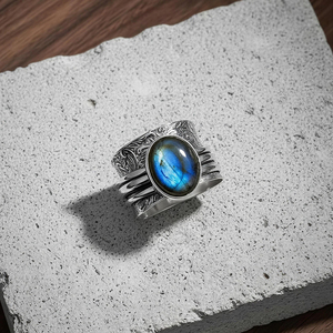 Vintage Look Labradorite Bezel Set Oval Spinner <b>Ring</b> Handmade Silver Plated Brass Meditation Boho Gemstone <b>Statement</b> Unisex - Product Image 5