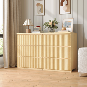 Modern Natural Wood <b>6</b>-<b>Drawer</b> Dresser with Wave Panel Fronts Versatile Storage Cabinet for Bedroom & Living for Baby Organization - Product Image 3